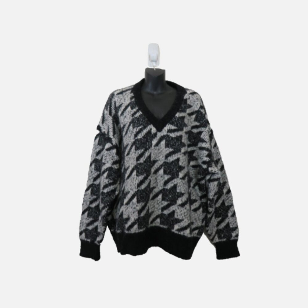 Rag & Bone size Large Relaxed V Neck Pullover Sweater Wool Blend Houndstooth